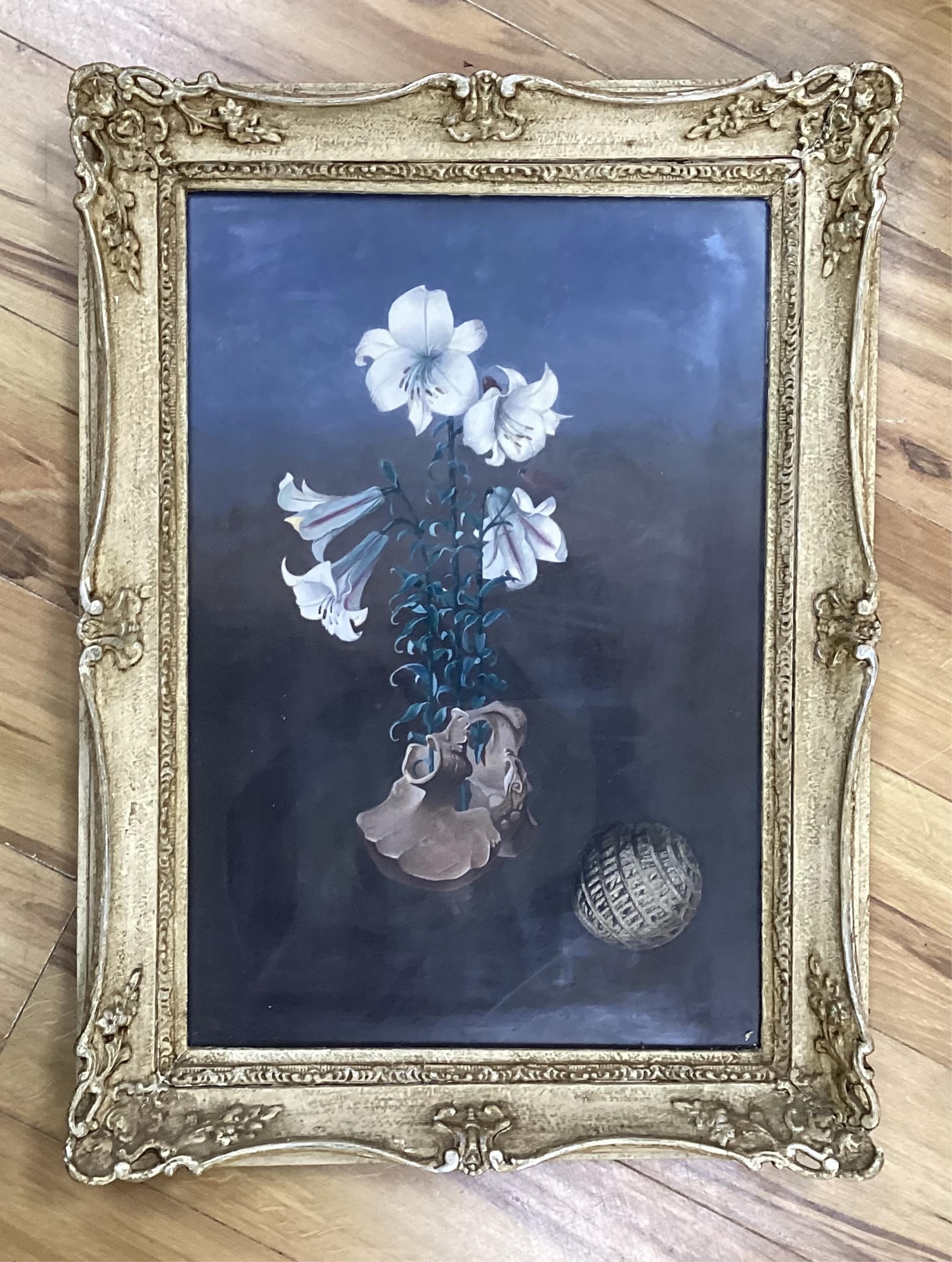 Brian Buchel (20th. C), still life of flowers, signed, surreal gouache, ornate framed, 56 x 38cm